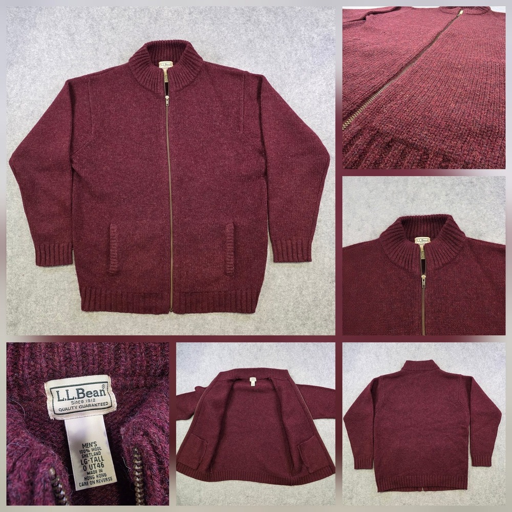 Vintage LL Bean Sweater Mens LT Red Wool Full Zip Mock Neck Shetland Knit Jacket